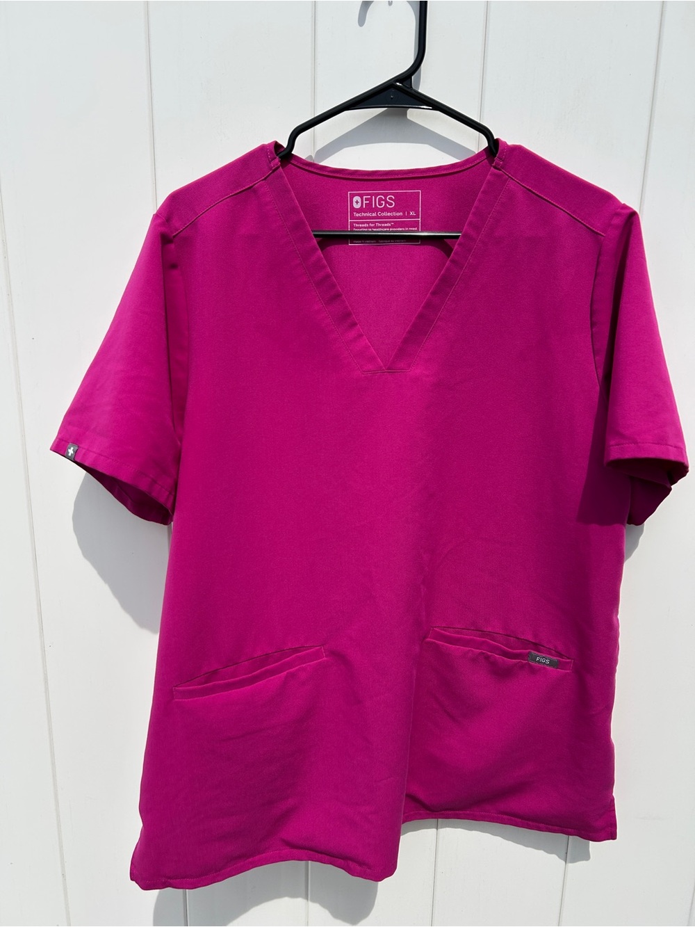 FIGS Women's Short Sleeve V-Neck Top in Fuchsia Pink